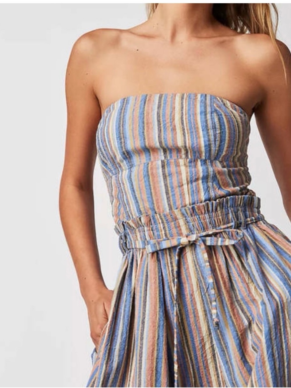 Free People Roaming Shores Striped Strapless Linen-Blend Jumpsuit